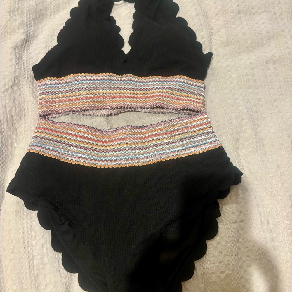 Black Scalloped Swimsuit with Multicolor Stripes